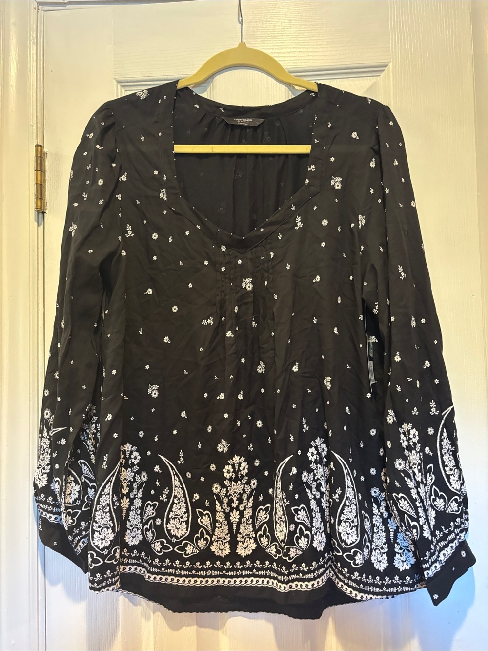 Lucky Brand Black Paisley Border Print Peasant Blouse Large Boho NWT